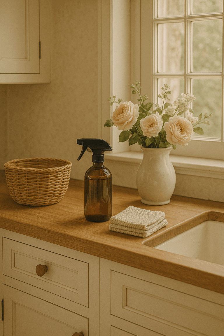 A cozy vintage cottage kitchen with a wooden counter, woven basket, amber glass spray bottle, folded linens, and a vase of soft peach roses by a sunlit window — symbolizing cleaning and decluttering.