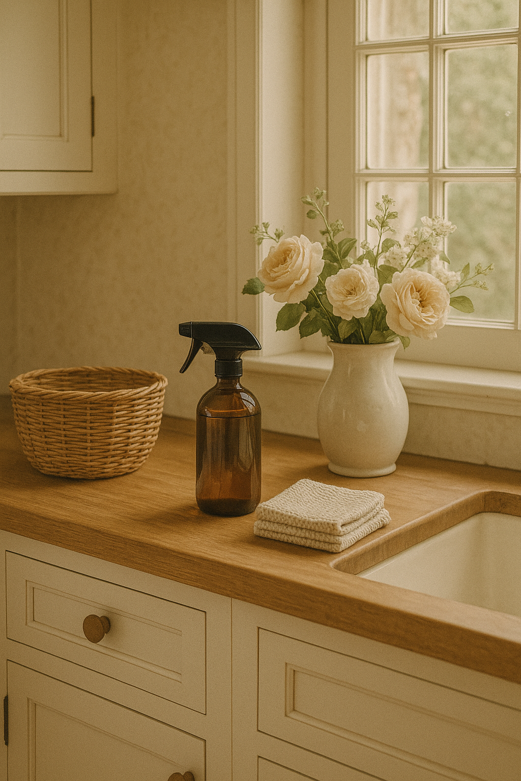 A cozy vintage cottage kitchen with a wooden counter, woven basket, amber glass spray bottle, folded linens, and a vase of soft peach roses by a sunlit window — symbolizing cleaning and decluttering.