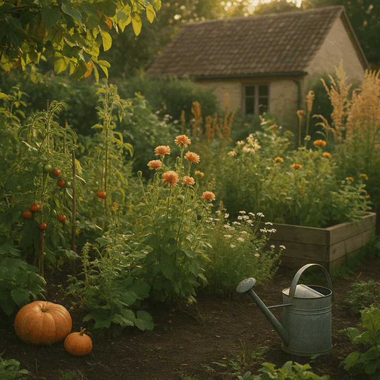 A cozy cottage garden bathed in warm evening light, with pumpkins, blooming flowers, and a watering can beside raised garden beds — a serene scene of seasonal gardening in harmony with nature.